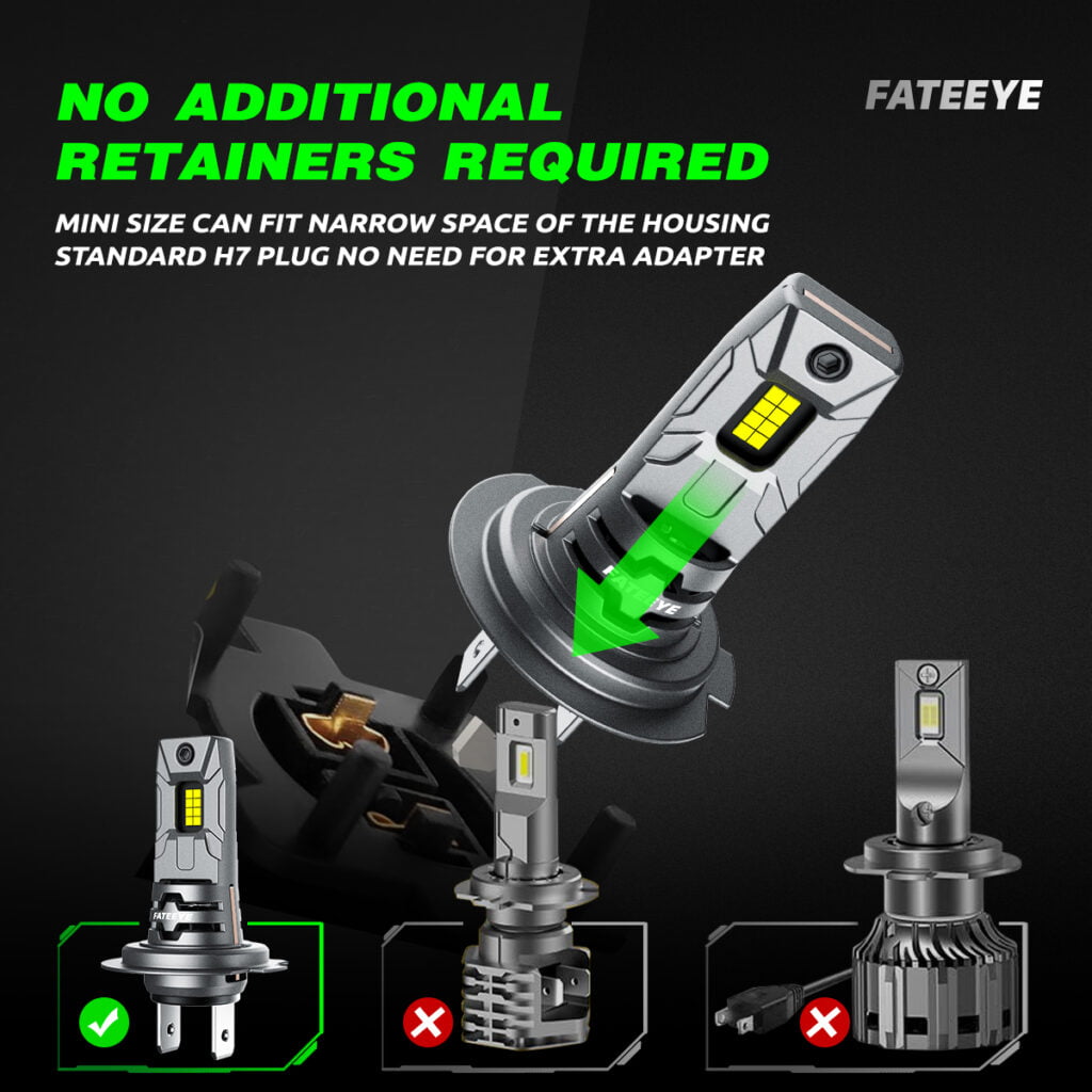 Żarówka H7 LED Fateeye A700-F10-H7 nie wymaga dodatkowych adapterów ani uchwytów.