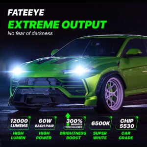 Samochód z włączonymi żarówkami H7 LED Fateeye-A700-F2-H7 i cechy produktu.