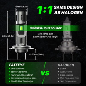 Brak różnic w wielkości żarówki H7 LED Fateeye-A700-F2-H7 względem żarówki halogenowej.