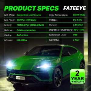 Specyfikacja techniczna żarówek LED H7 Fateeye A700-F2-H7