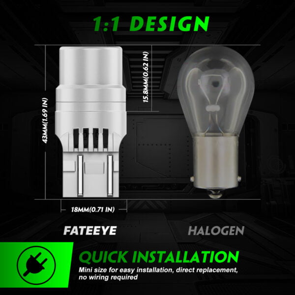 Żarówki LED FateEye W21W T20 białe A700-SL2-7440W - wygląd 1:1 vs. żarówka halogenowa